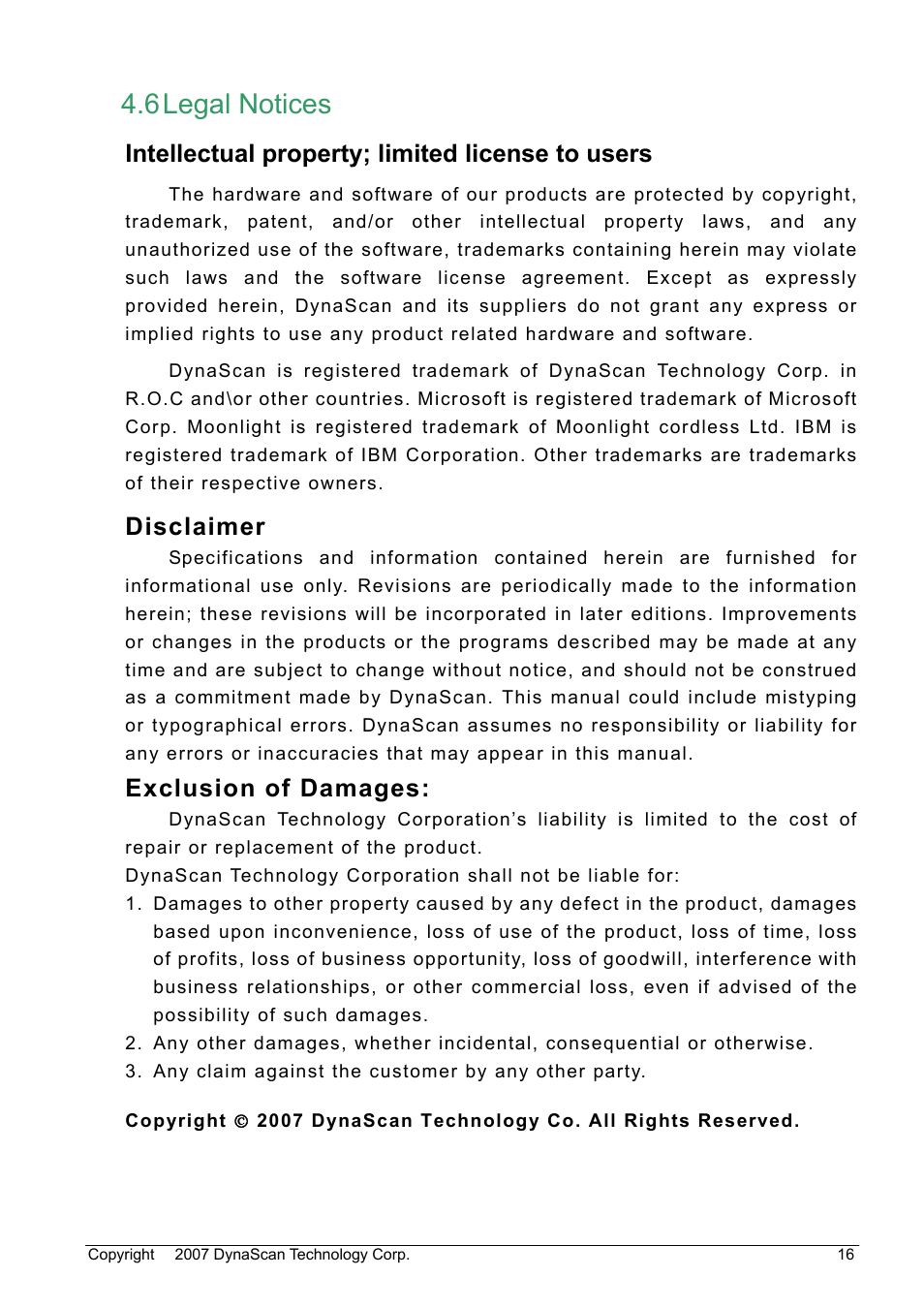 6 legal notices, Intellectual property; limited license to users, Disclaimer | Exclusion of damages | DynaScan Outdoor 360 Degree LED Video Display DS0706 User Manual | Page 21 / 27