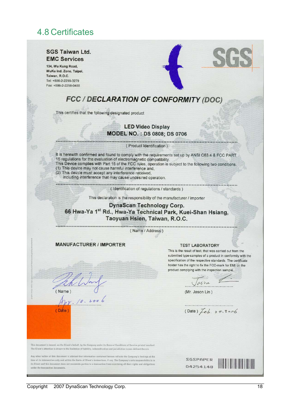 8 certificates | DynaScan Outdoor 360 Degree LED Video Display DS0706 User Manual | Page 23 / 27