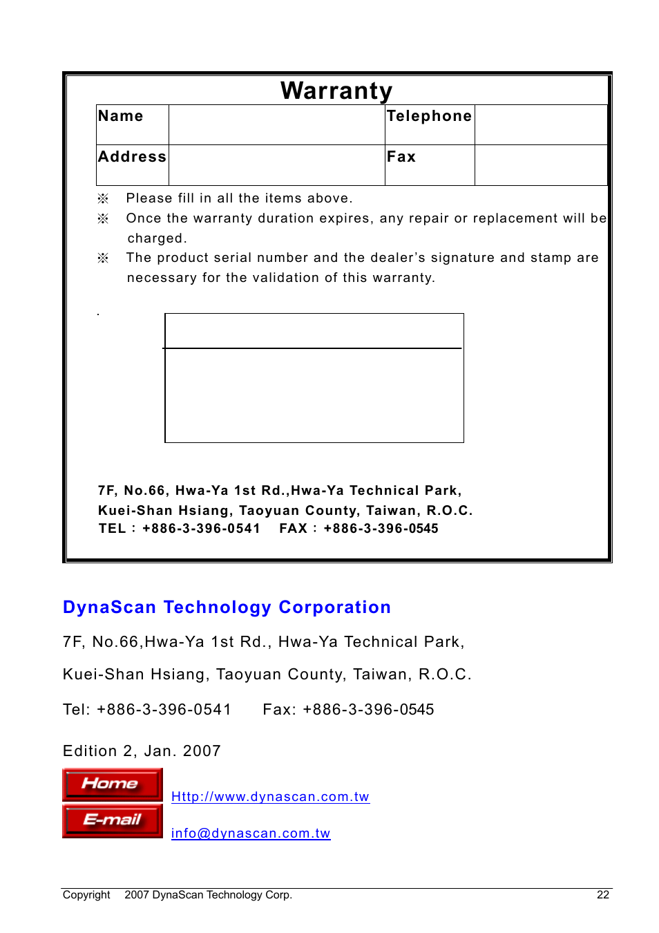 Warranty, Dynascan technology corporation | DynaScan Outdoor 360 Degree LED Video Display DS0706 User Manual | Page 27 / 27