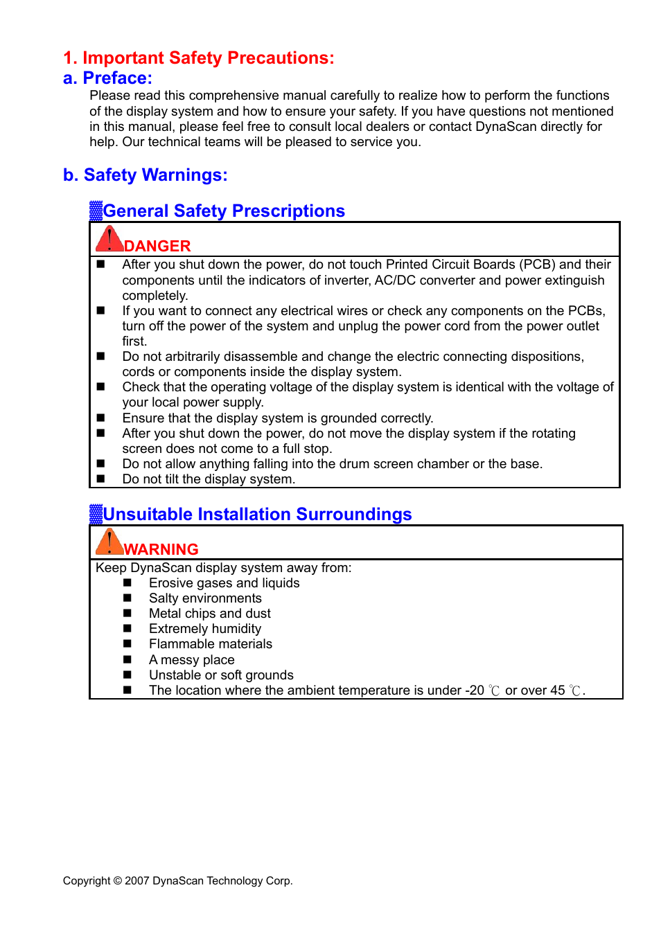 Important safety precautions: a. preface, B. safety warnings: ▓general safety prescriptions, Unsuitable installation surroundings | DynaScan Outdoor 360 Degree LED Video Display DS0706 User Manual | Page 3 / 27