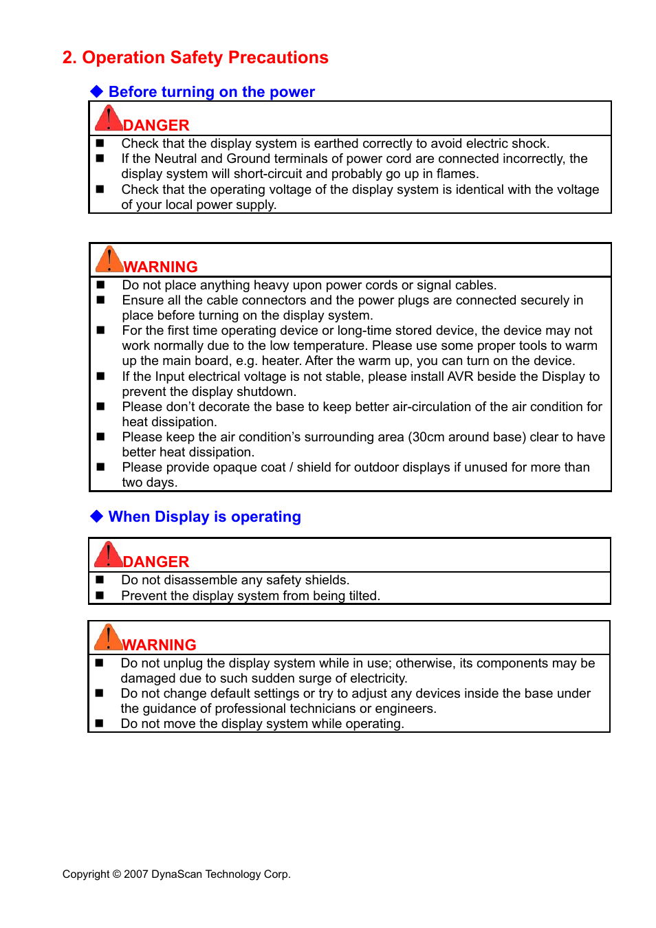 Operation safety precautions | DynaScan Outdoor 360 Degree LED Video Display DS0706 User Manual | Page 4 / 27