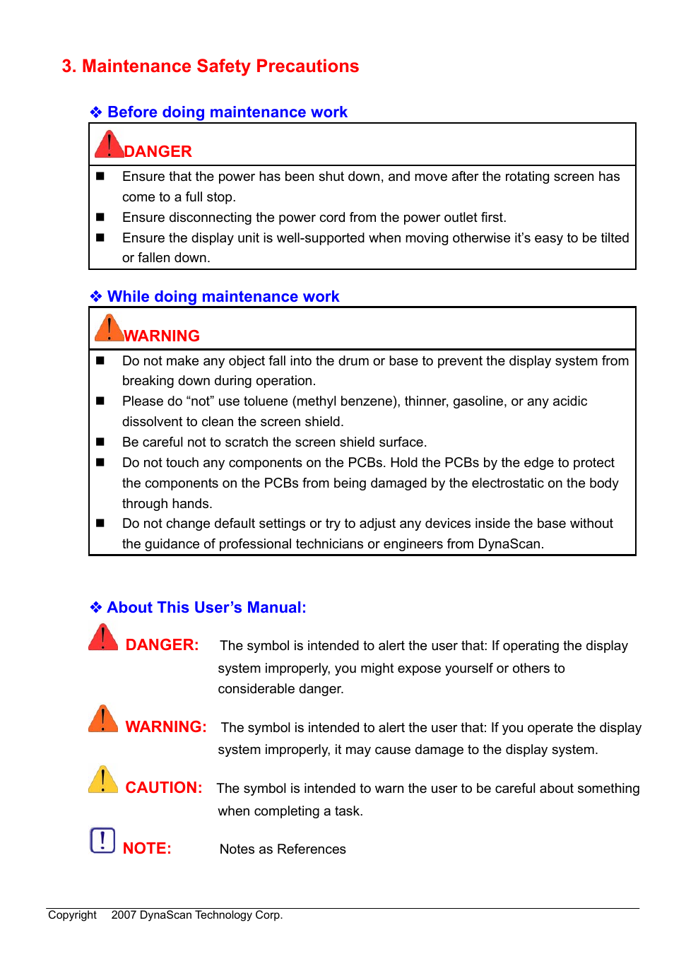 Maintenance safety precautions | DynaScan Outdoor 360 Degree LED Video Display DS0706 User Manual | Page 5 / 27