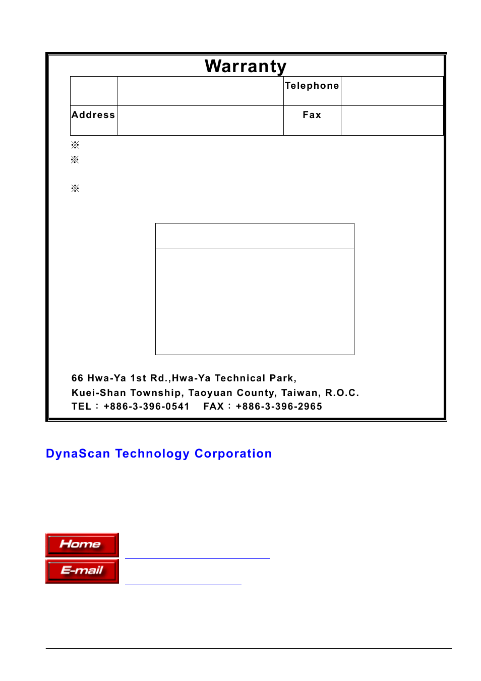 Name, Warranty, Dynascan technology corporation | DynaScan Outdoor 360 Degree LED Video Display DS3522 User Manual | Page 29 / 29