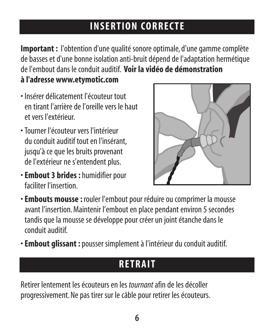 Insertion correcte, Retrait | Etymotic ER•4® microPro® Earphones User Manual | Page 17 / 62