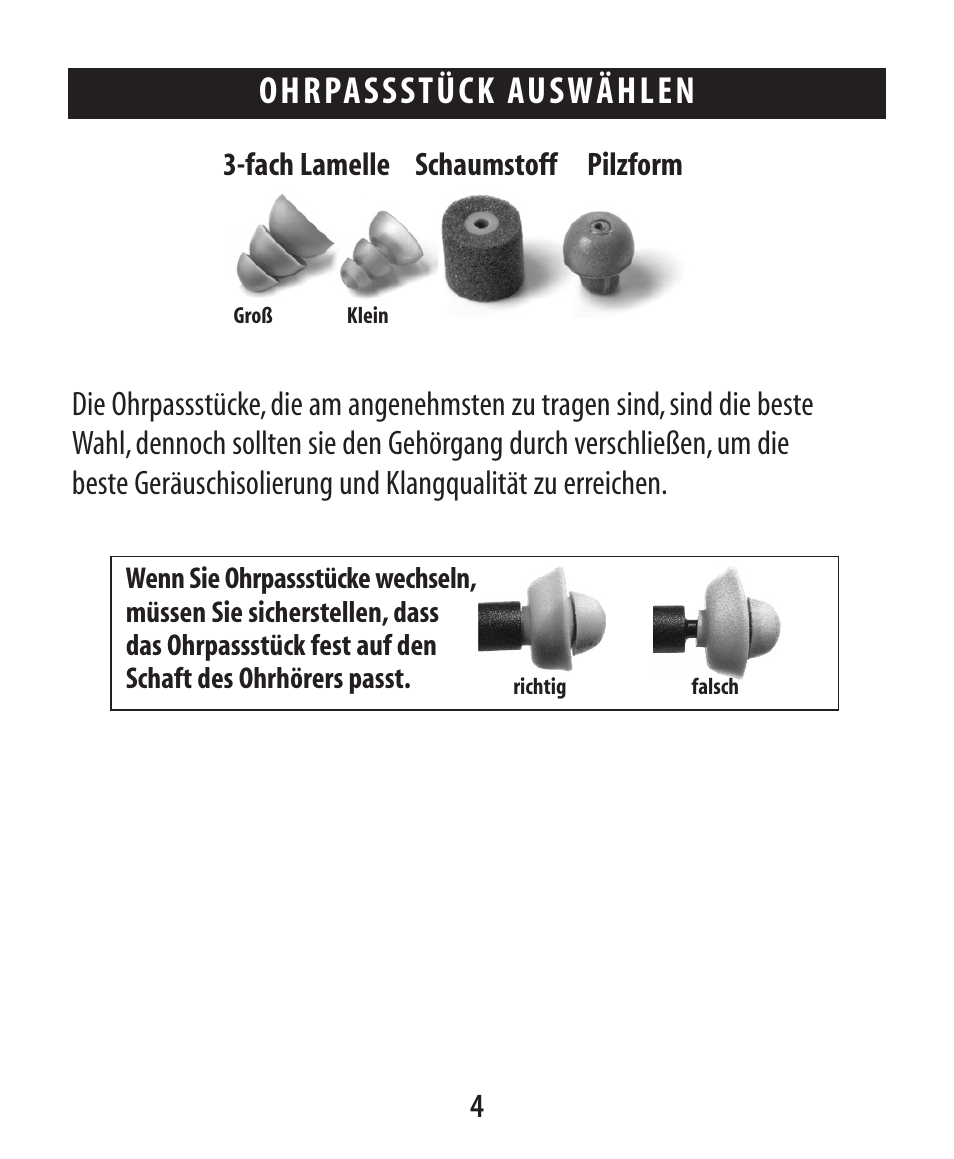 About et ymotic research, Ohrpassstück auswählen | Etymotic ER•4® microPro® Earphones User Manual | Page 25 / 62