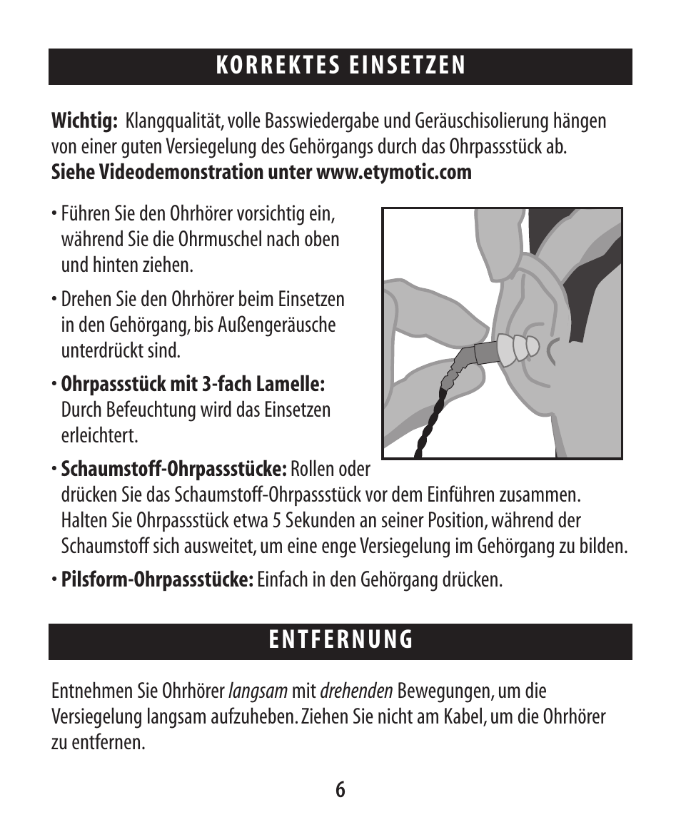 Korrektes einsetzen, Entfernung | Etymotic ER•4® microPro® Earphones User Manual | Page 27 / 62