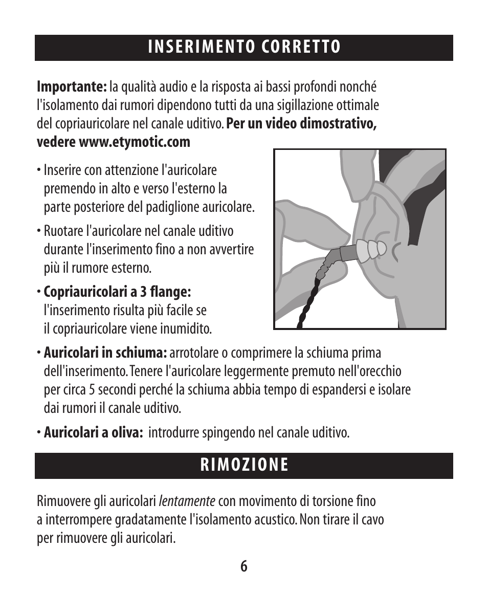Inserimento corret to, Rimozione | Etymotic ER•4® microPro® Earphones User Manual | Page 47 / 62