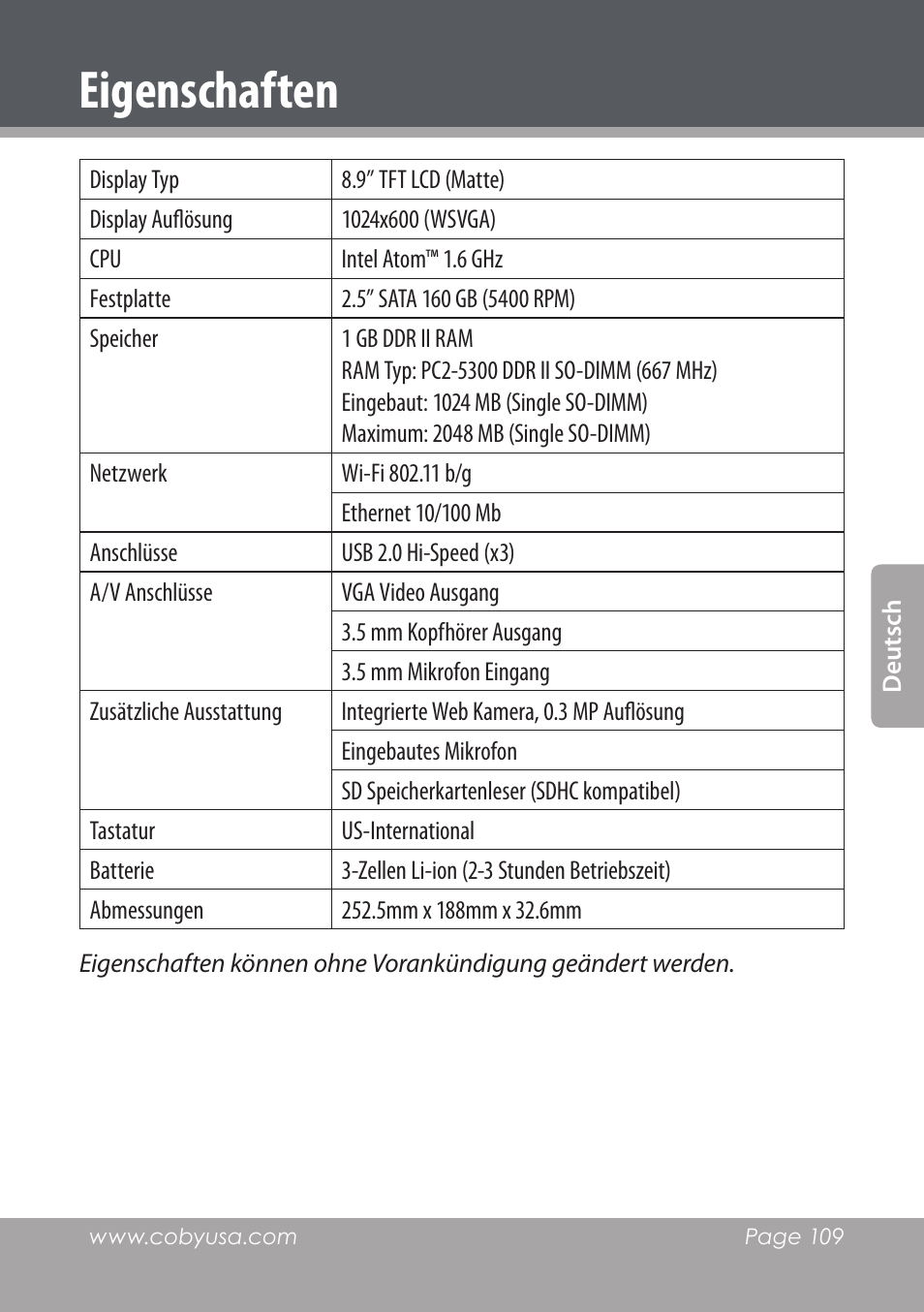 Eigenschaften | COBY electronic NBPC892 User Manual | Page 109 / 138