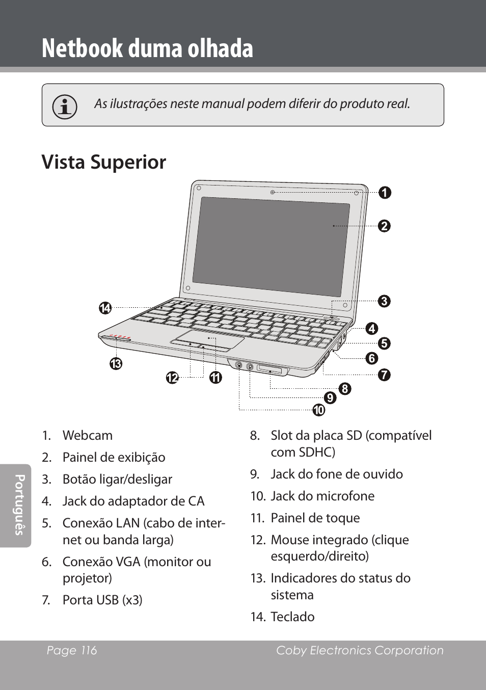 Netbook duma olhada, Vista superior | COBY electronic NBPC892 User Manual | Page 116 / 138