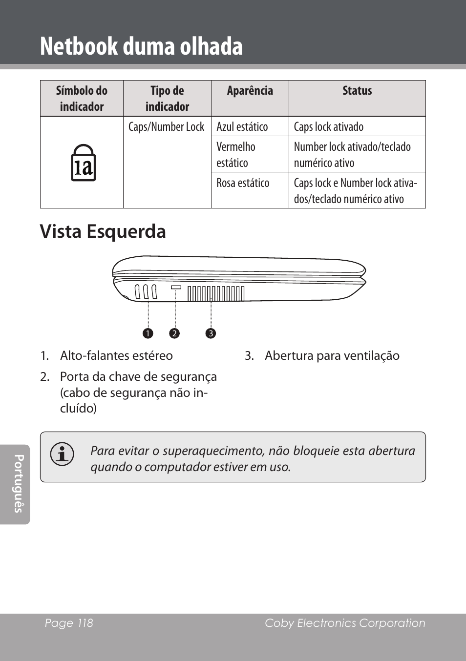 Vista esquerda, Netbook duma olhada | COBY electronic NBPC892 User Manual | Page 118 / 138
