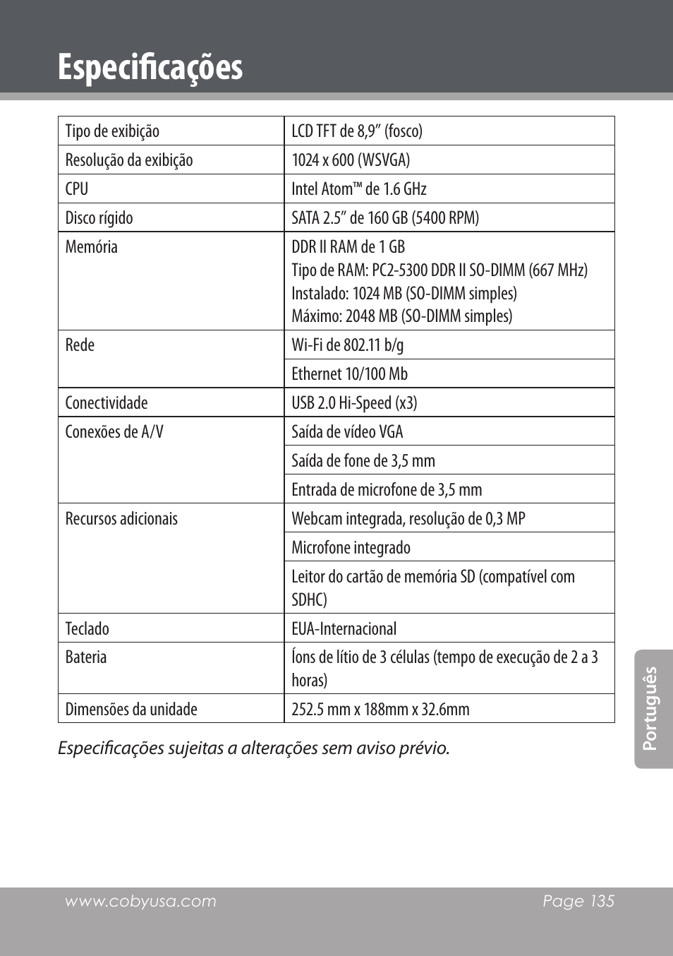 Especificações | COBY electronic NBPC892 User Manual | Page 135 / 138