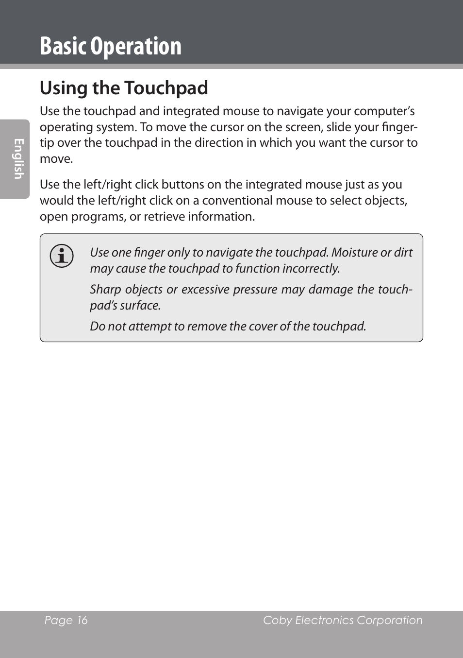 Using the touchpad, Basic operation | COBY electronic NBPC892 User Manual | Page 16 / 138