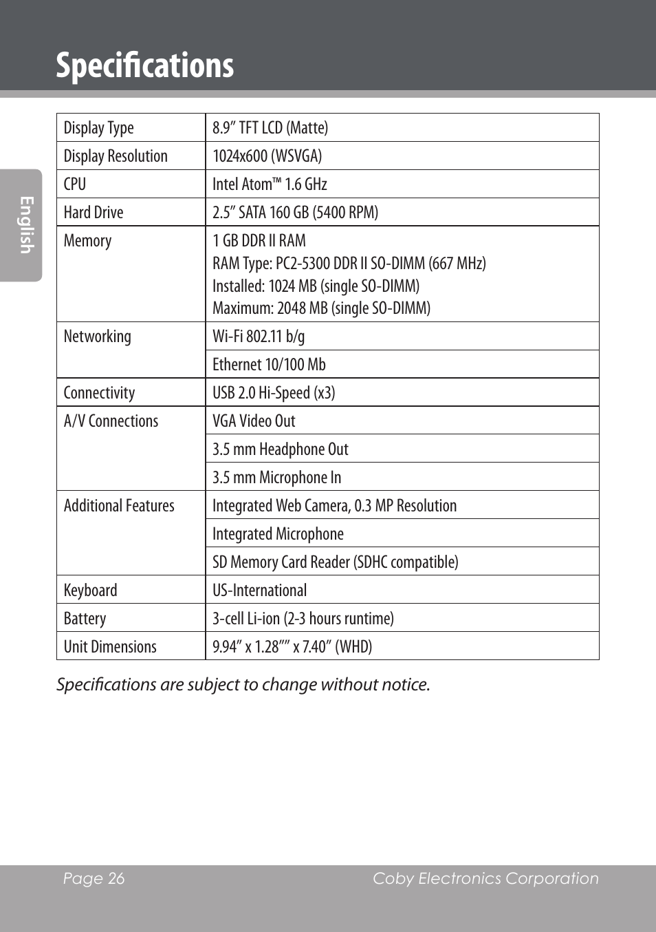 Specifications | COBY electronic NBPC892 User Manual | Page 26 / 138