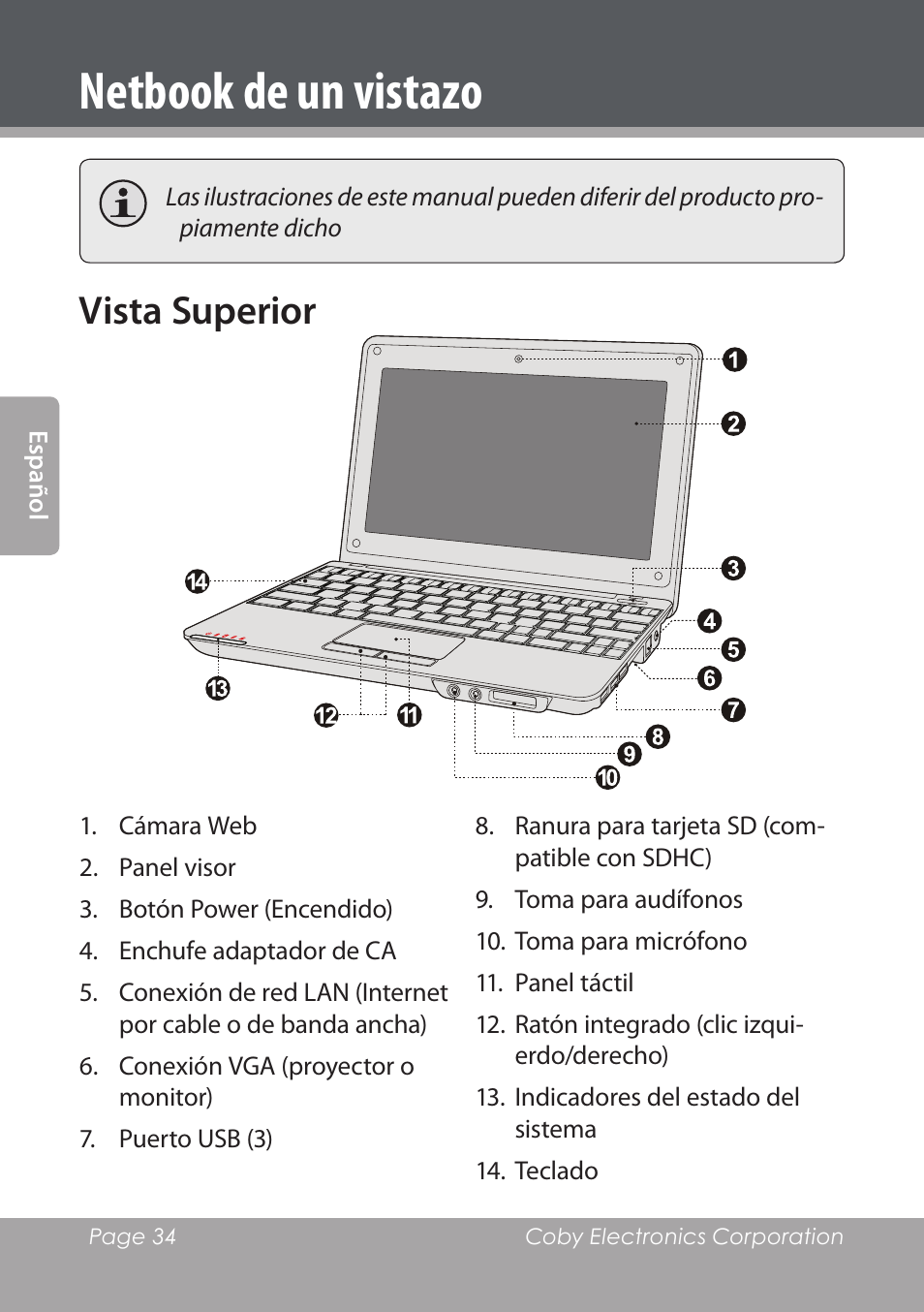 Netbook de un vistazo, Vista superior | COBY electronic NBPC892 User Manual | Page 34 / 138