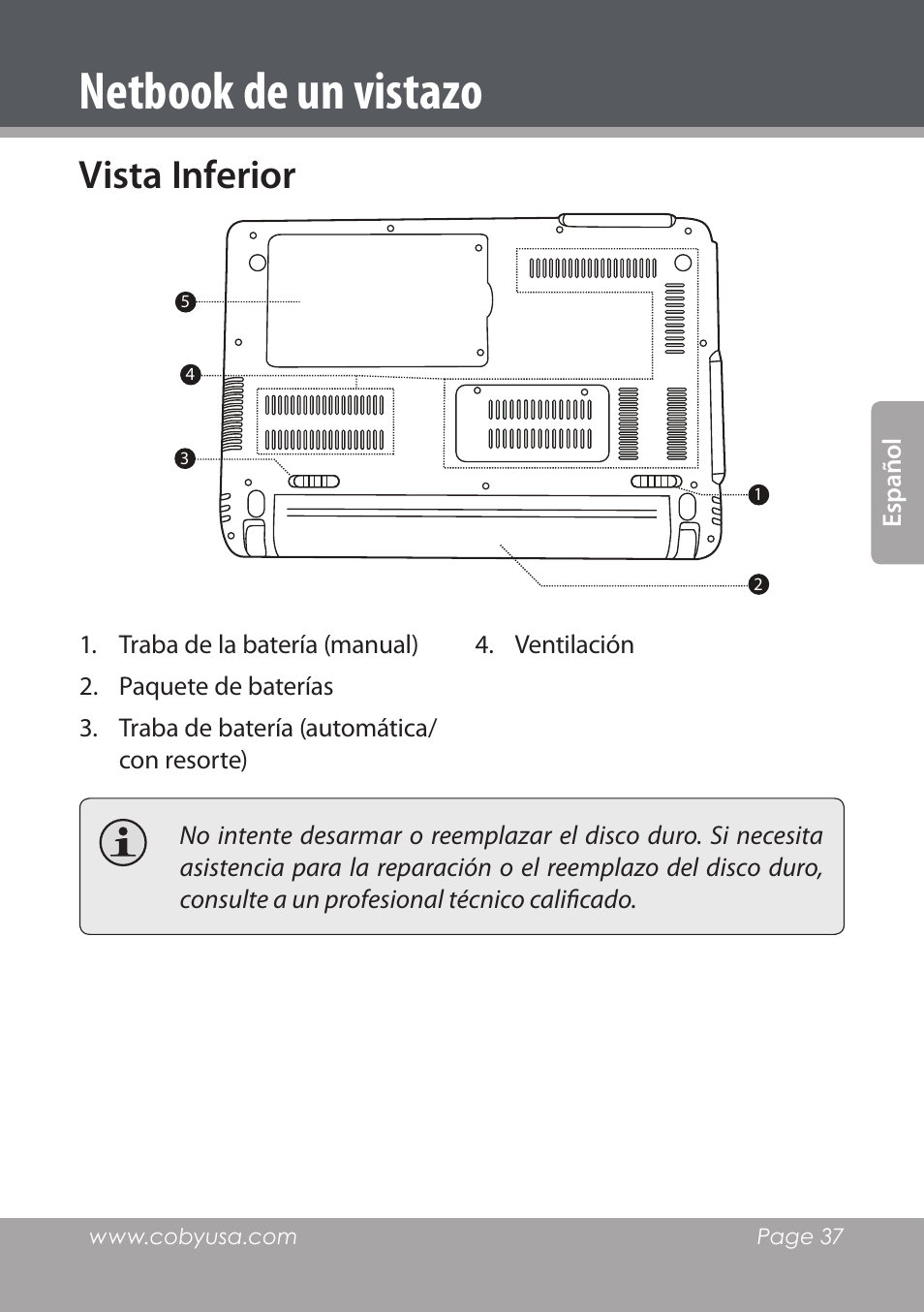 Vista inferior, Netbook de un vistazo | COBY electronic NBPC892 User Manual | Page 37 / 138