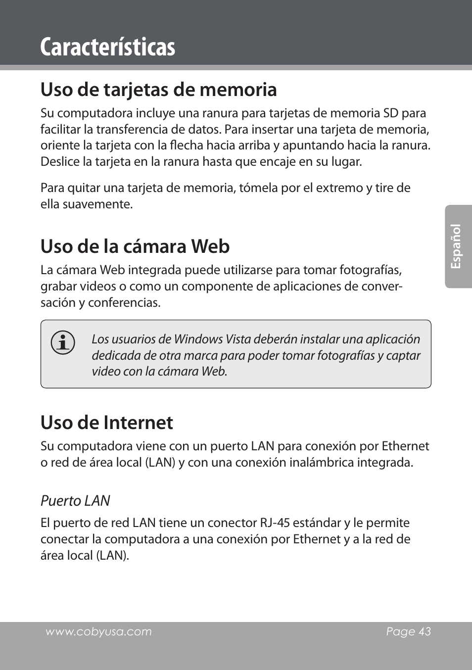 Características, Uso de tarjetas de memoria, Uso de la cámara web | Uso de internet | COBY electronic NBPC892 User Manual | Page 43 / 138