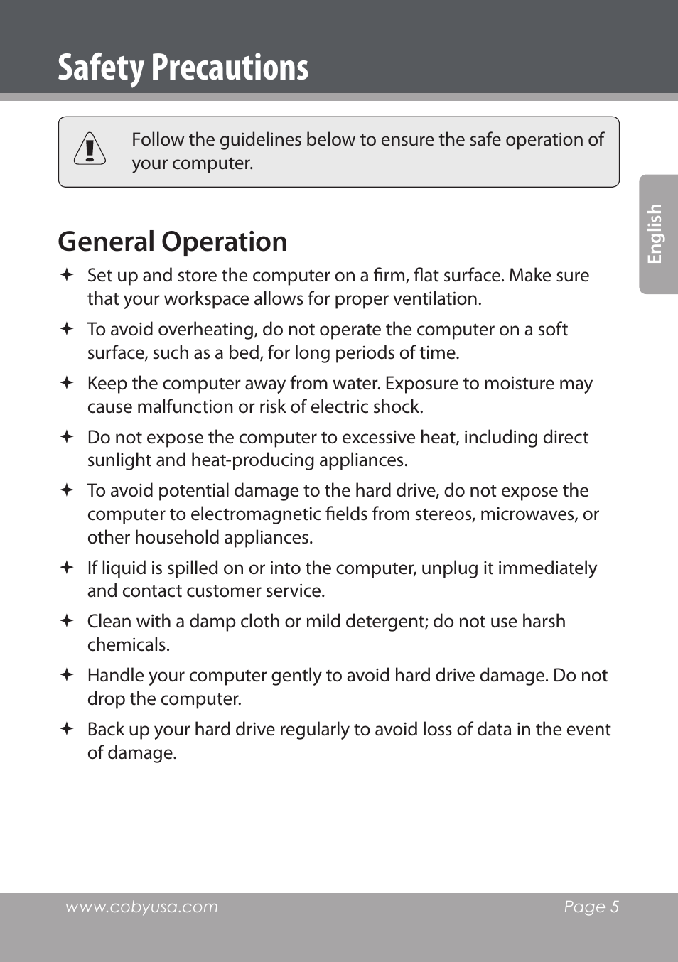 Safety precautions, General operation | COBY electronic NBPC892 User Manual | Page 5 / 138