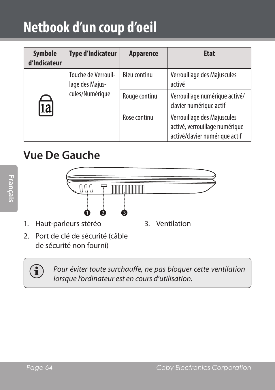 Vue de gauche, Netbook d’un coup d’oeil | COBY electronic NBPC892 User Manual | Page 64 / 138