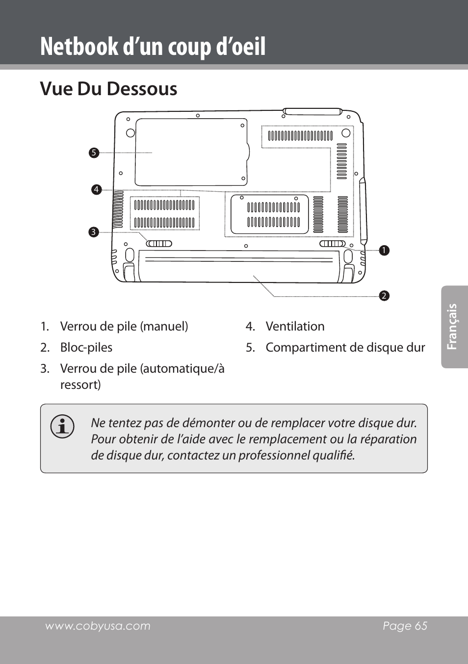 Vue du dessous, Netbook d’un coup d’oeil | COBY electronic NBPC892 User Manual | Page 65 / 138