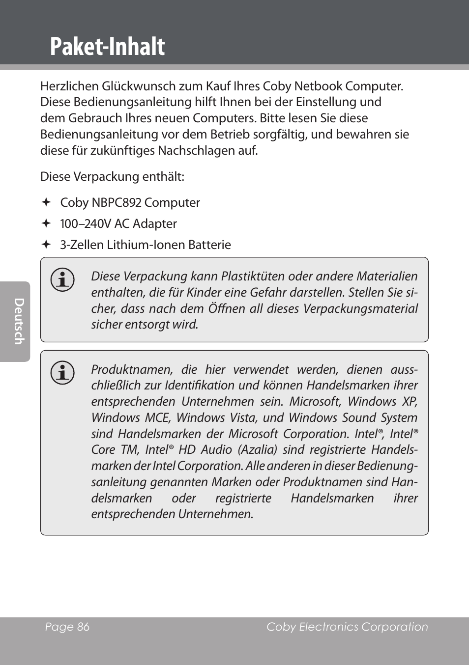 Paket-inhalt | COBY electronic NBPC892 User Manual | Page 86 / 138