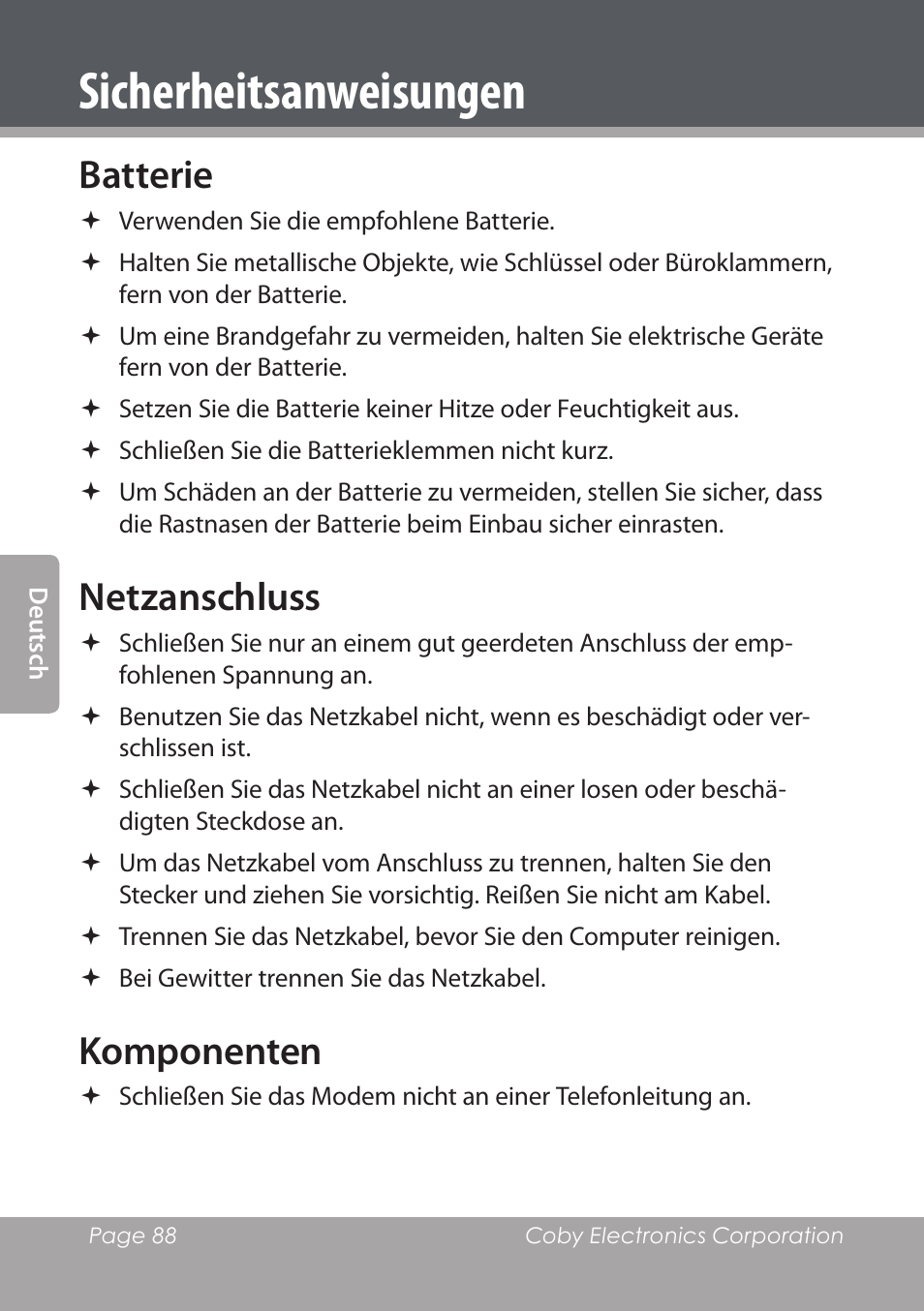 Batterie, Netzanschluss, Komponenten | Sicherheitsanweisungen | COBY electronic NBPC892 User Manual | Page 88 / 138