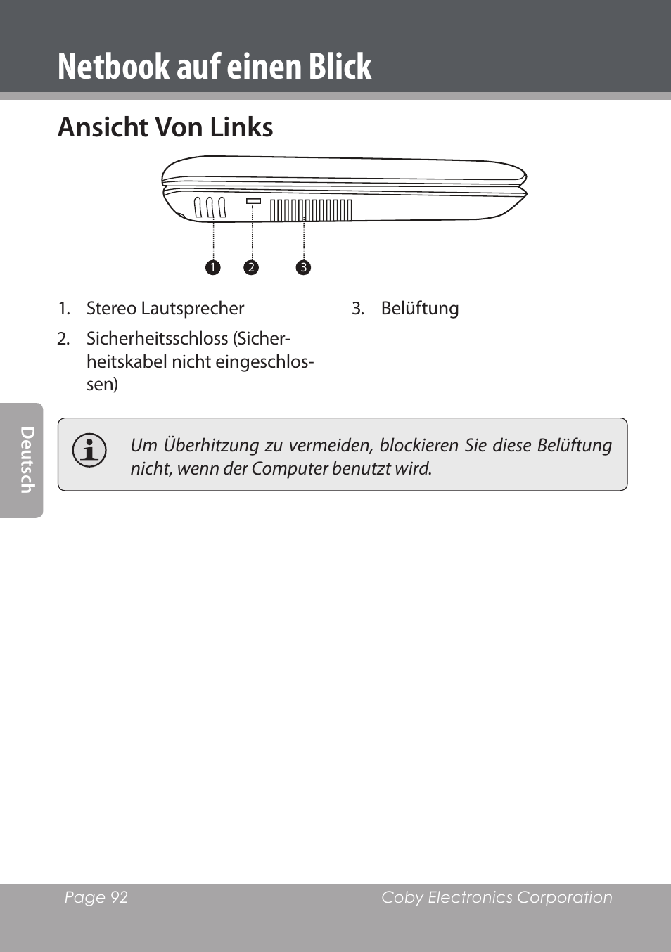 Ansicht von links, Netbook auf einen blick | COBY electronic NBPC892 User Manual | Page 92 / 138
