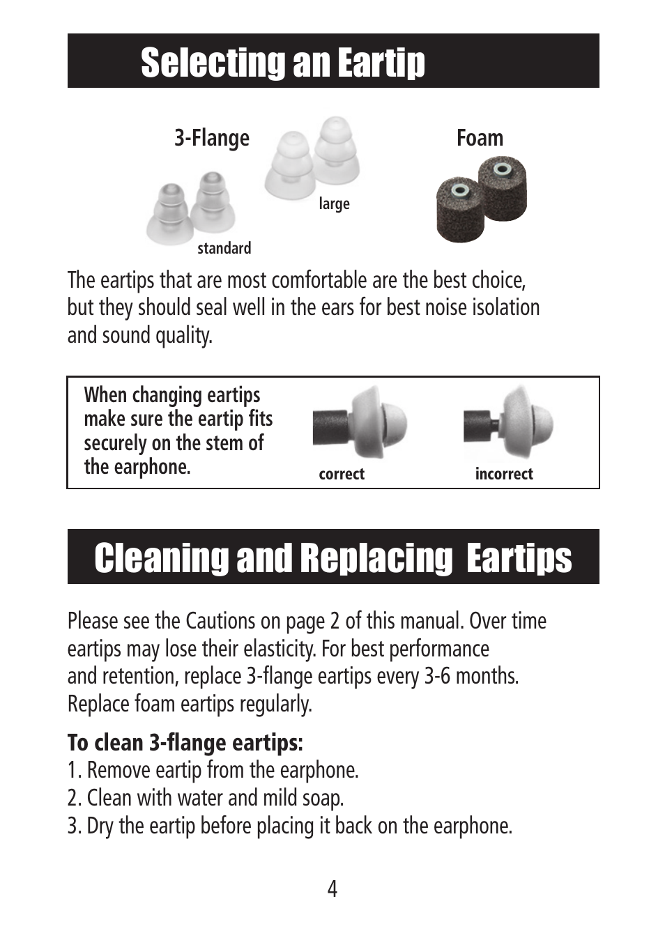 Selecting an eartip, Cleaning and replacing eartips | Etymotic mk5 Isolator Earphones User Manual | Page 4 / 6