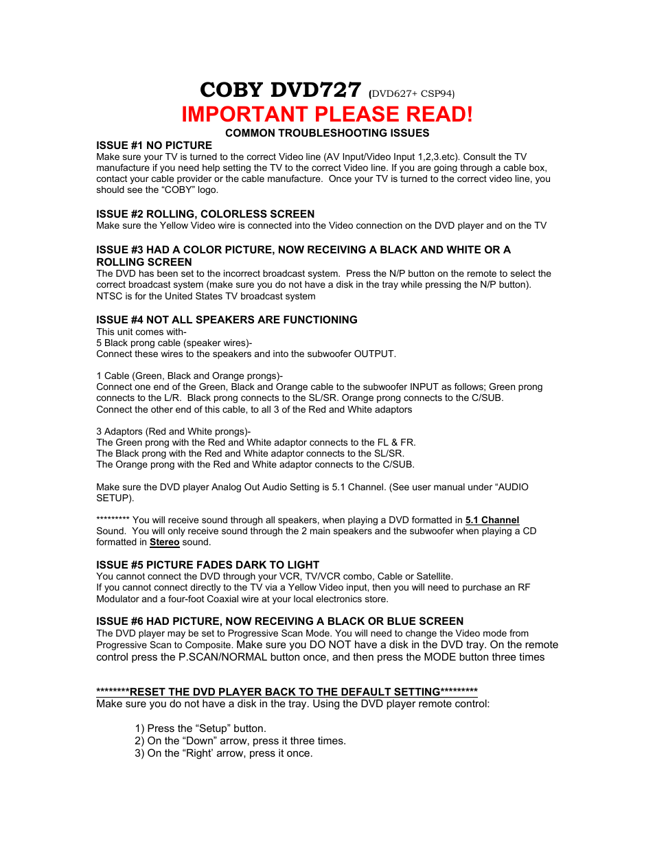 COBY electronic DVD727 User Manual | 2 pages