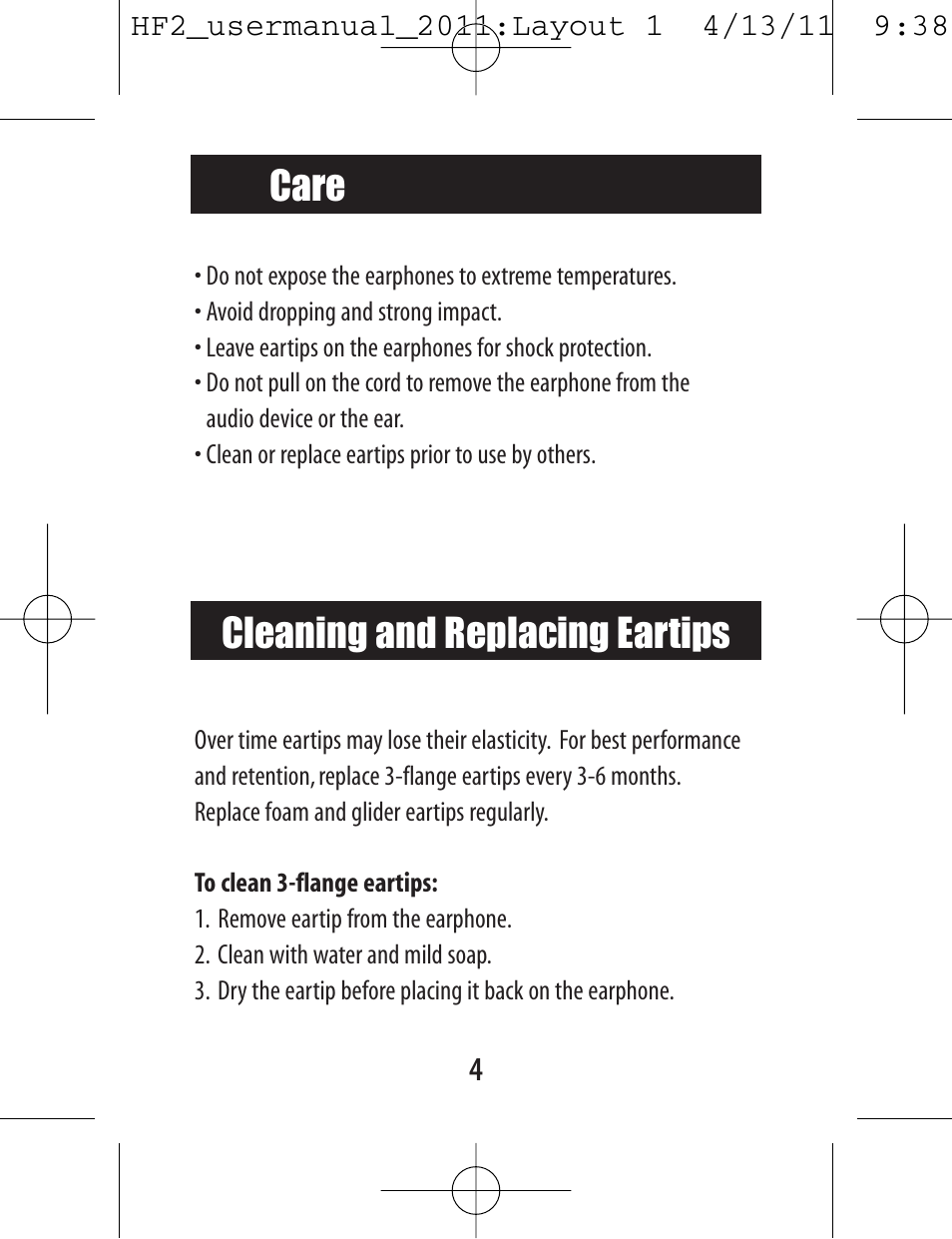 Care, Cleaning and replacing eartips | Etymotic hf2 Earphones + Headset User Manual | Page 4 / 12