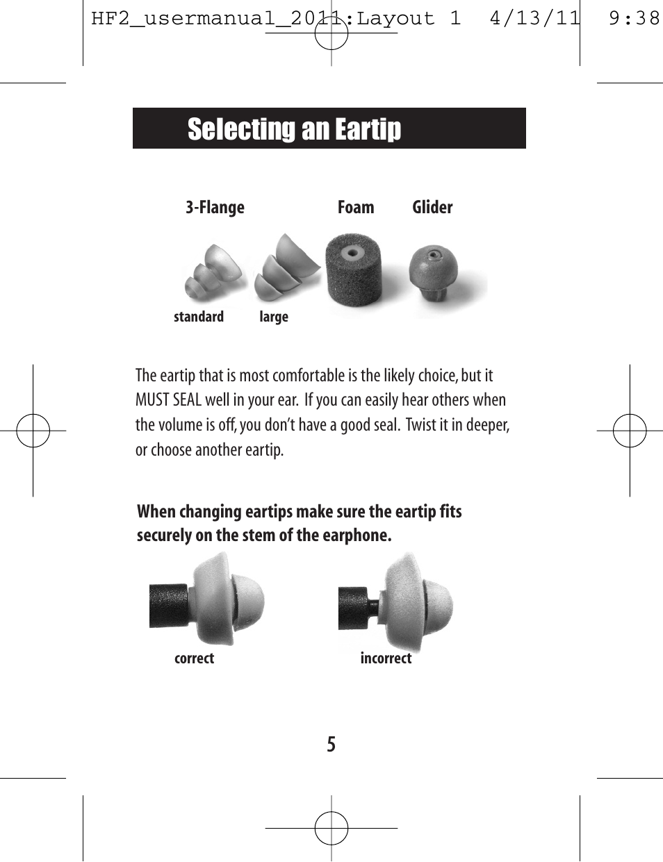 Selecting an eartip | Etymotic hf2 Earphones + Headset User Manual | Page 5 / 12