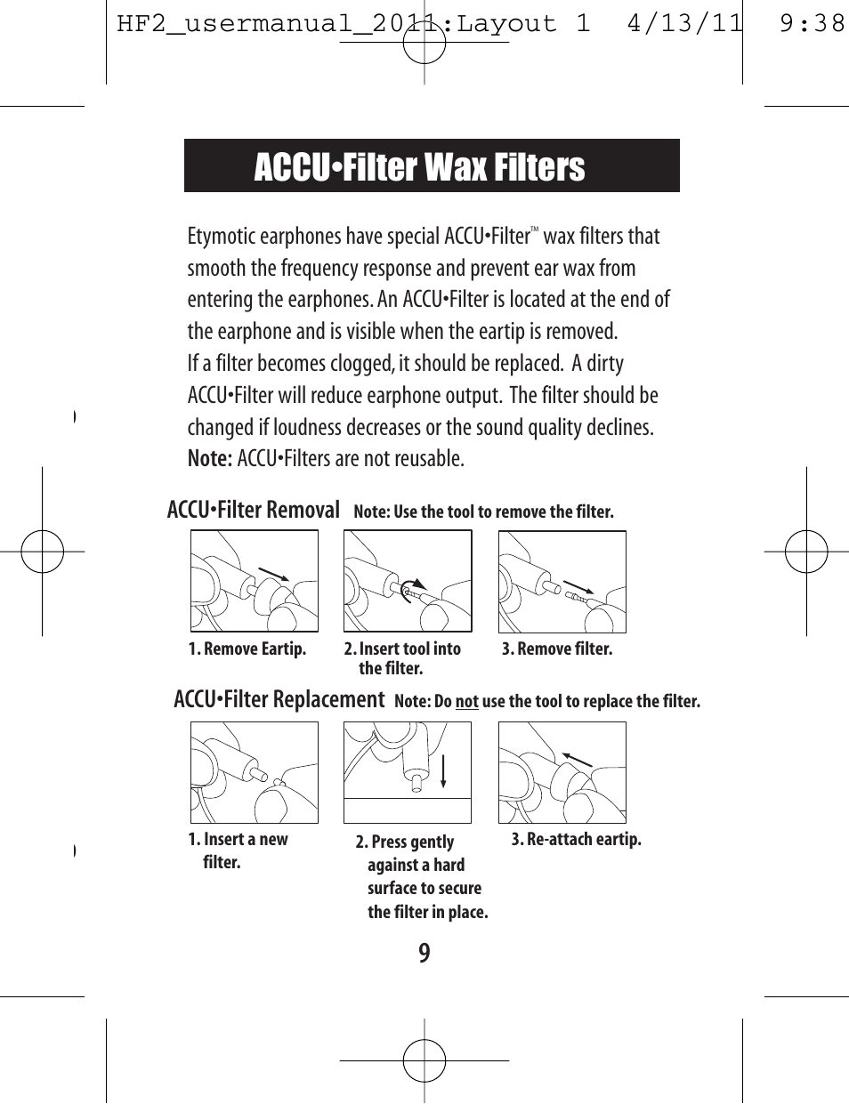 Accu•filter wax filters | Etymotic hf2 Earphones + Headset User Manual | Page 9 / 12