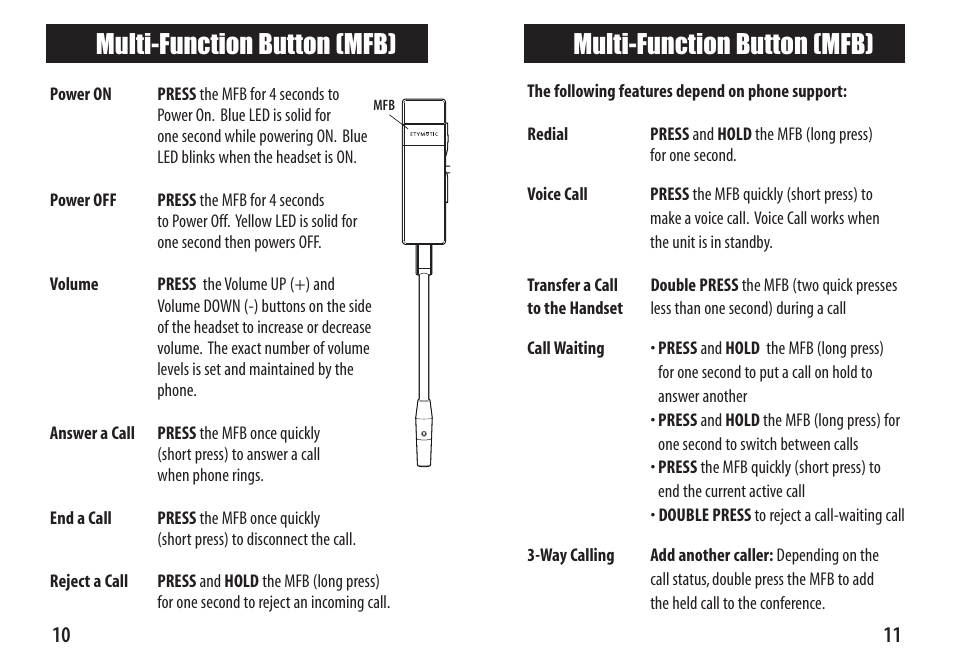 Multi-function button (mfb) | Etymotic etyBLU2 Headset User Manual | Page 10 / 16