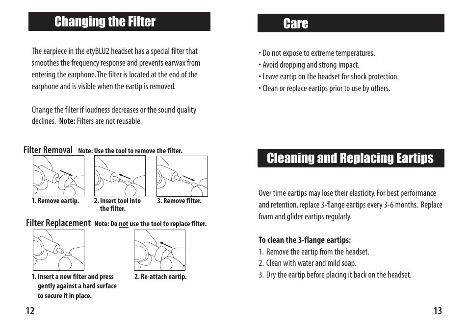 Changing the filter, Care, Cleaning and replacing eartips | Etymotic etyBLU2 Headset User Manual | Page 13 / 16