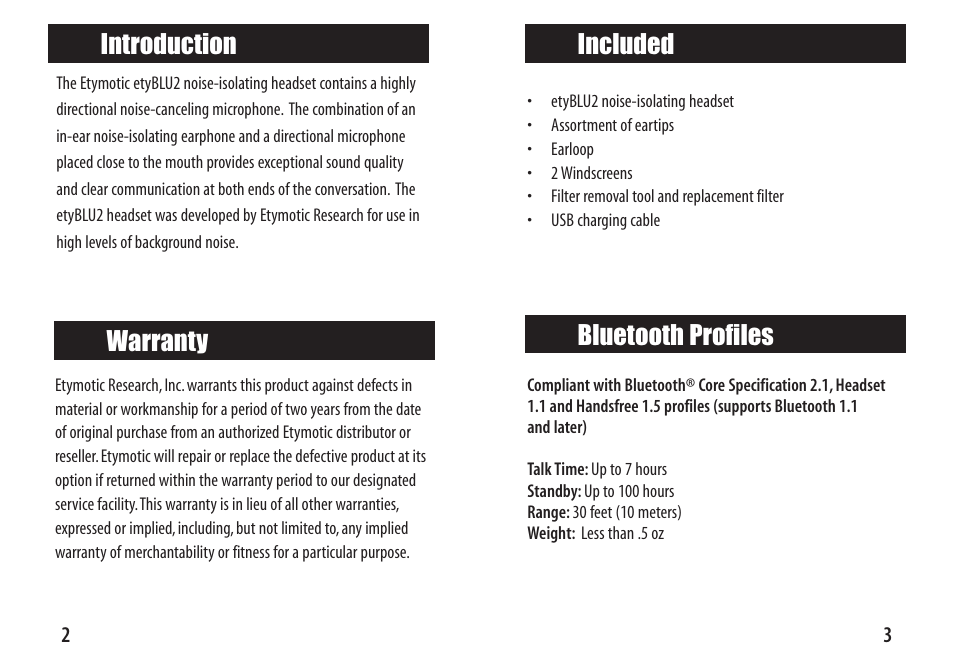 Introduction, Included, Bluetooth profiles | Warranty | Etymotic etyBLU2 Headset User Manual | Page 3 / 16