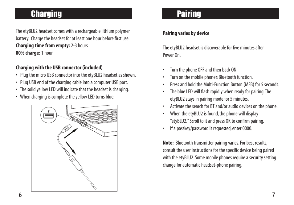 Charging, Pairing | Etymotic etyBLU2 Headset User Manual | Page 6 / 16