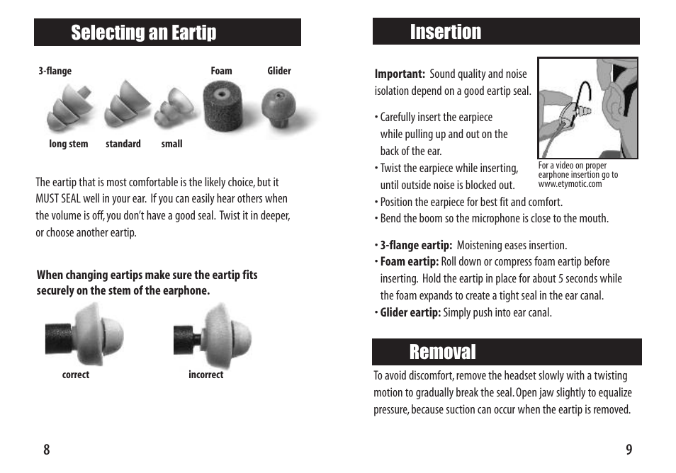 Insertion, Removal, Selecting an eartip | Etymotic etyBLU2 Headset User Manual | Page 8 / 16