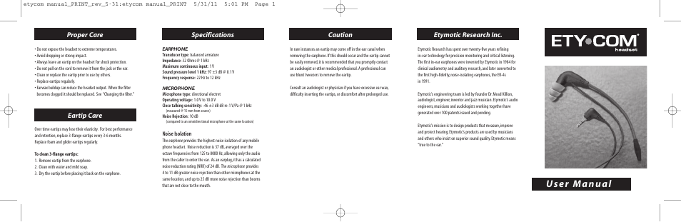 Etymotic ETY•COM® Headset User Manual | 2 pages