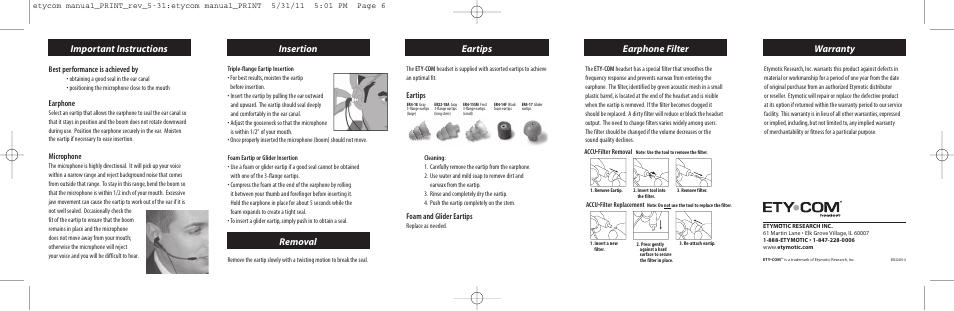 Insertion, Eartips, Earphone filter | Important instructions, Removal, Warranty | Etymotic ETY•COM® Headset User Manual | Page 2 / 2