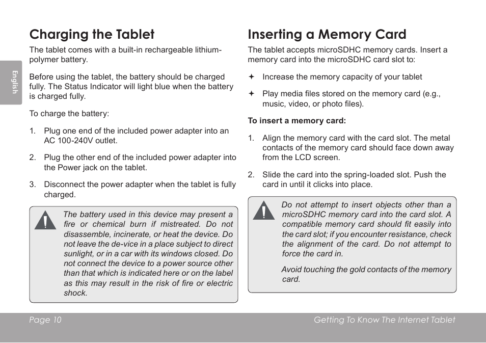 Charging the tablet | COBY electronic KYROS MID7042 User Manual | Page 10 / 124