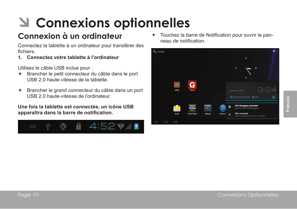 Connexions optionnelles, Connexion à un ordinateur | COBY electronic KYROS MID7042 User Manual | Page 111 / 124