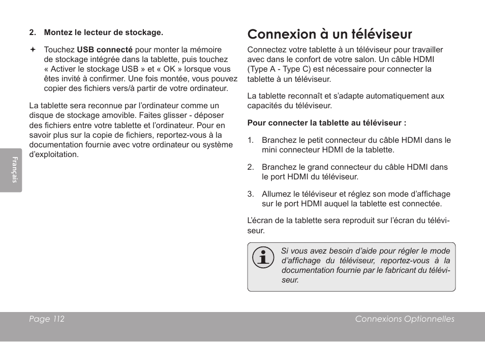 Connexion à un téléviseur | COBY electronic KYROS MID7042 User Manual | Page 112 / 124