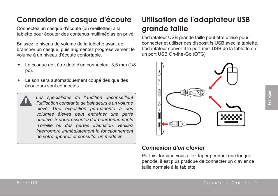 Connexion de casque d’écoute, Utilisation de l’adaptateur usb grande taille | COBY electronic KYROS MID7042 User Manual | Page 113 / 124