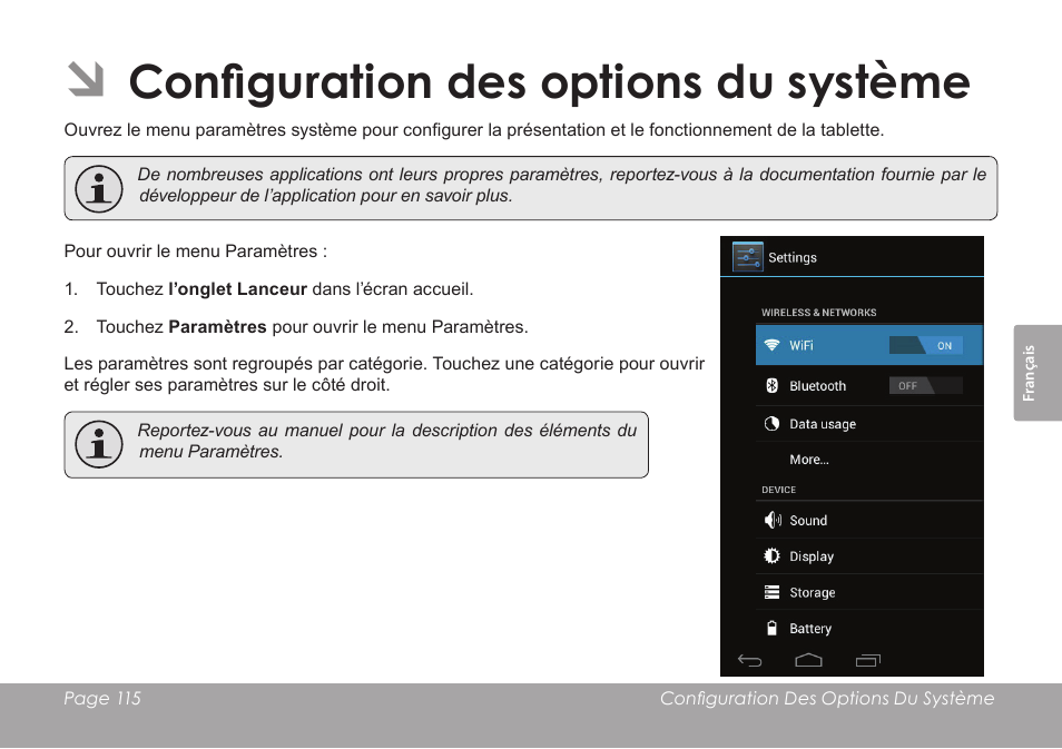 Configuration des options du système | COBY electronic KYROS MID7042 User Manual | Page 115 / 124