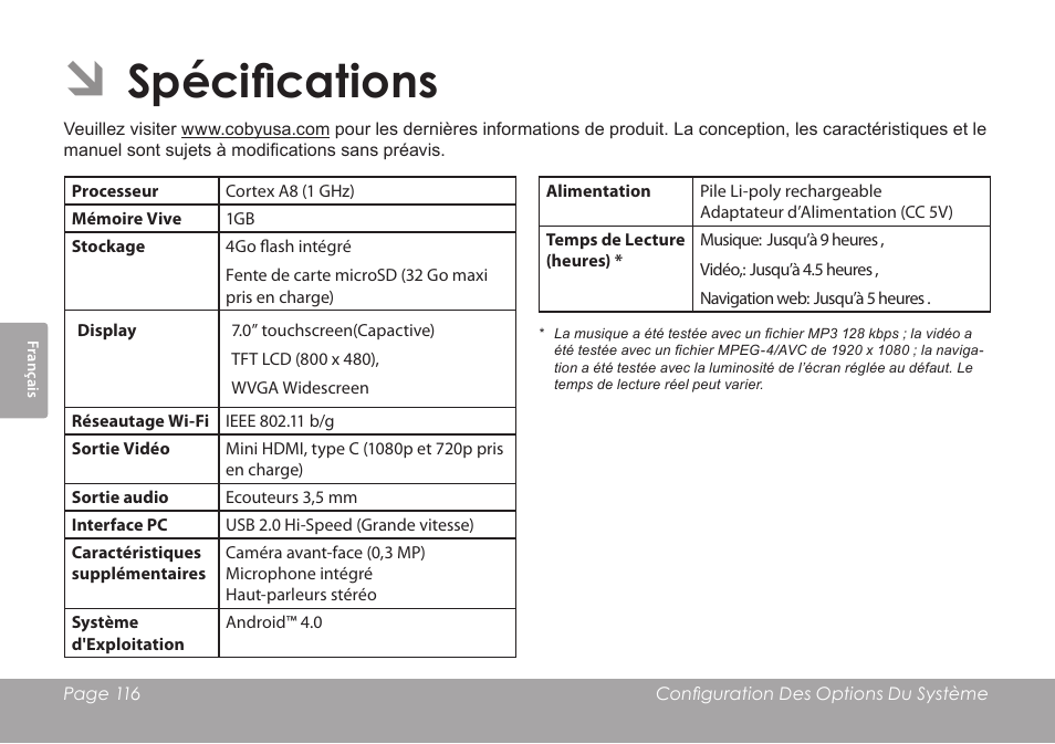 Spécifications | COBY electronic KYROS MID7042 User Manual | Page 116 / 124