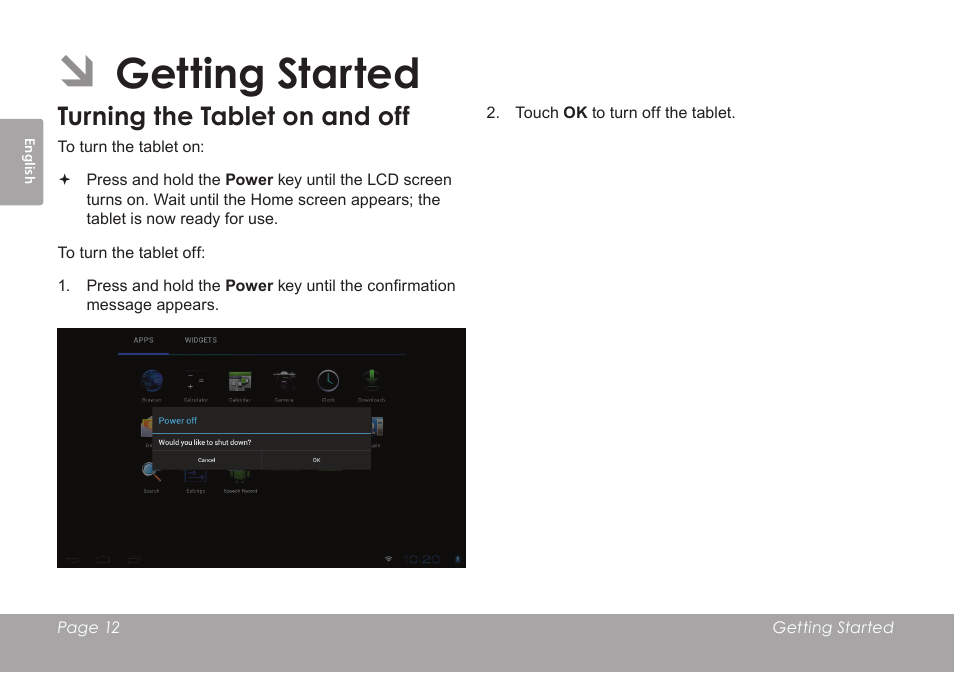 Getting started, Turning the tablet on and off | COBY electronic KYROS MID7042 User Manual | Page 12 / 124