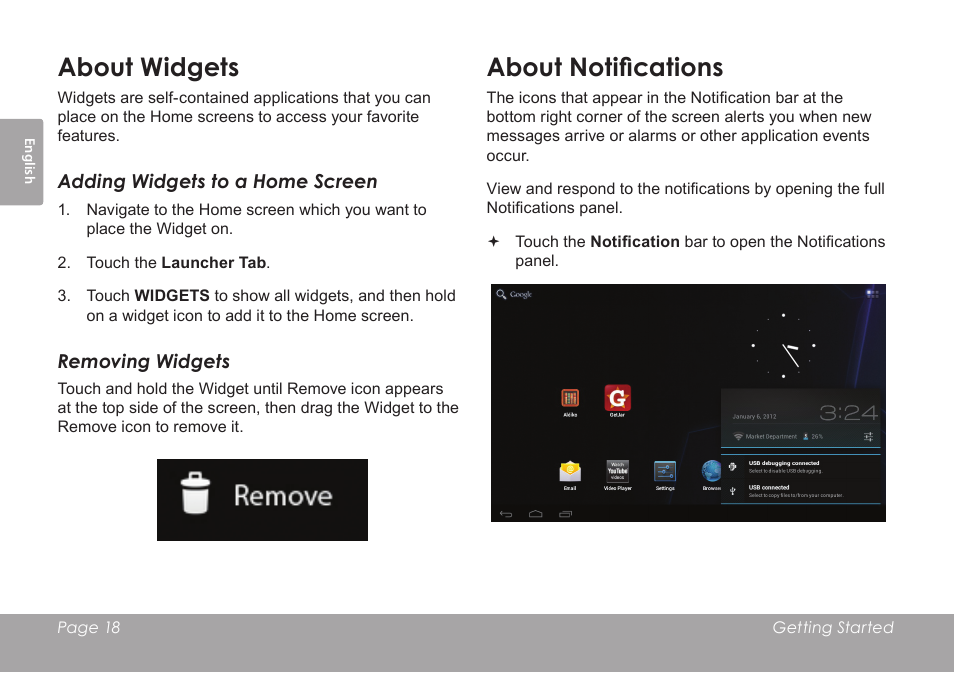About widgets, About notifications | COBY electronic KYROS MID7042 User Manual | Page 18 / 124
