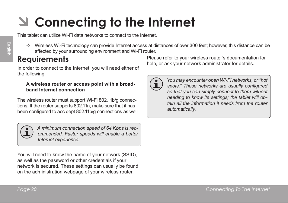 Connecting to the internet, Requirements | COBY electronic KYROS MID7042 User Manual | Page 20 / 124