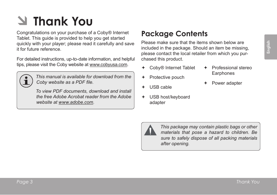 Package contents | COBY electronic KYROS MID7042 User Manual | Page 3 / 124