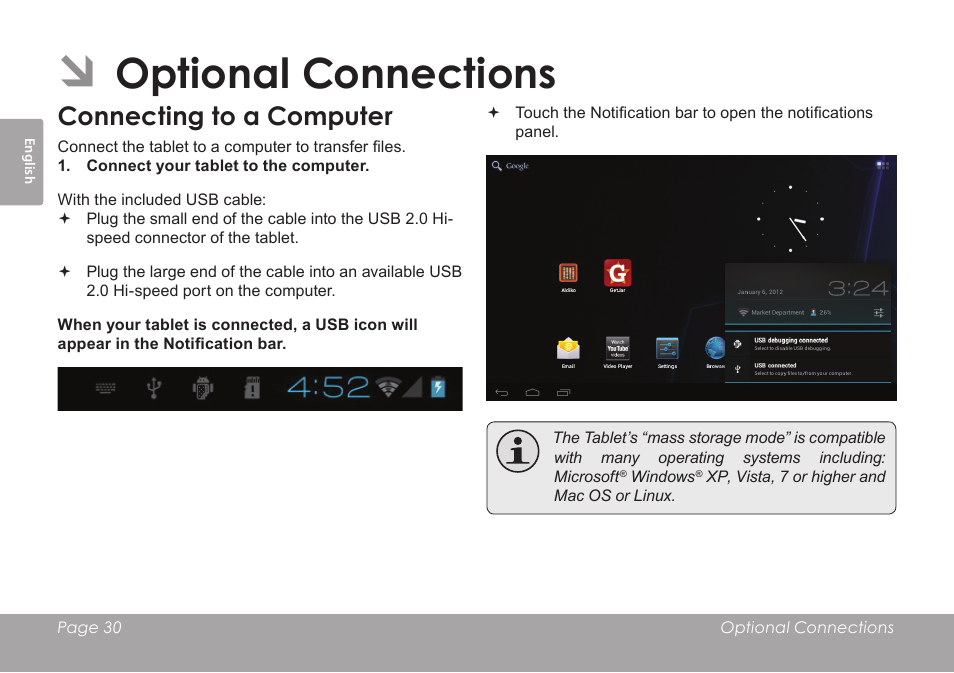 Optional connections, Connecting to a computer | COBY electronic KYROS MID7042 User Manual | Page 30 / 124