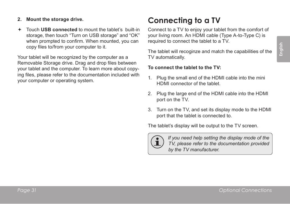 Connecting to a tv | COBY electronic KYROS MID7042 User Manual | Page 31 / 124